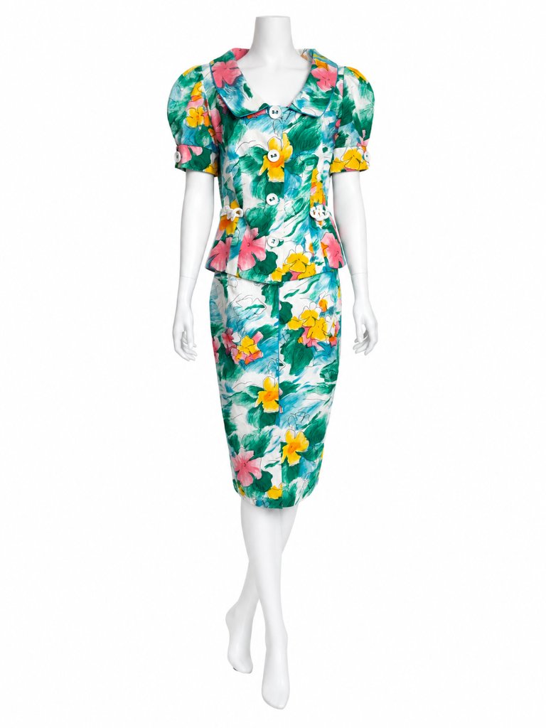 Vintage Equateur Paris Floral 2pc Skirt Suit French Puff Sleeve Set Nos Sz 42